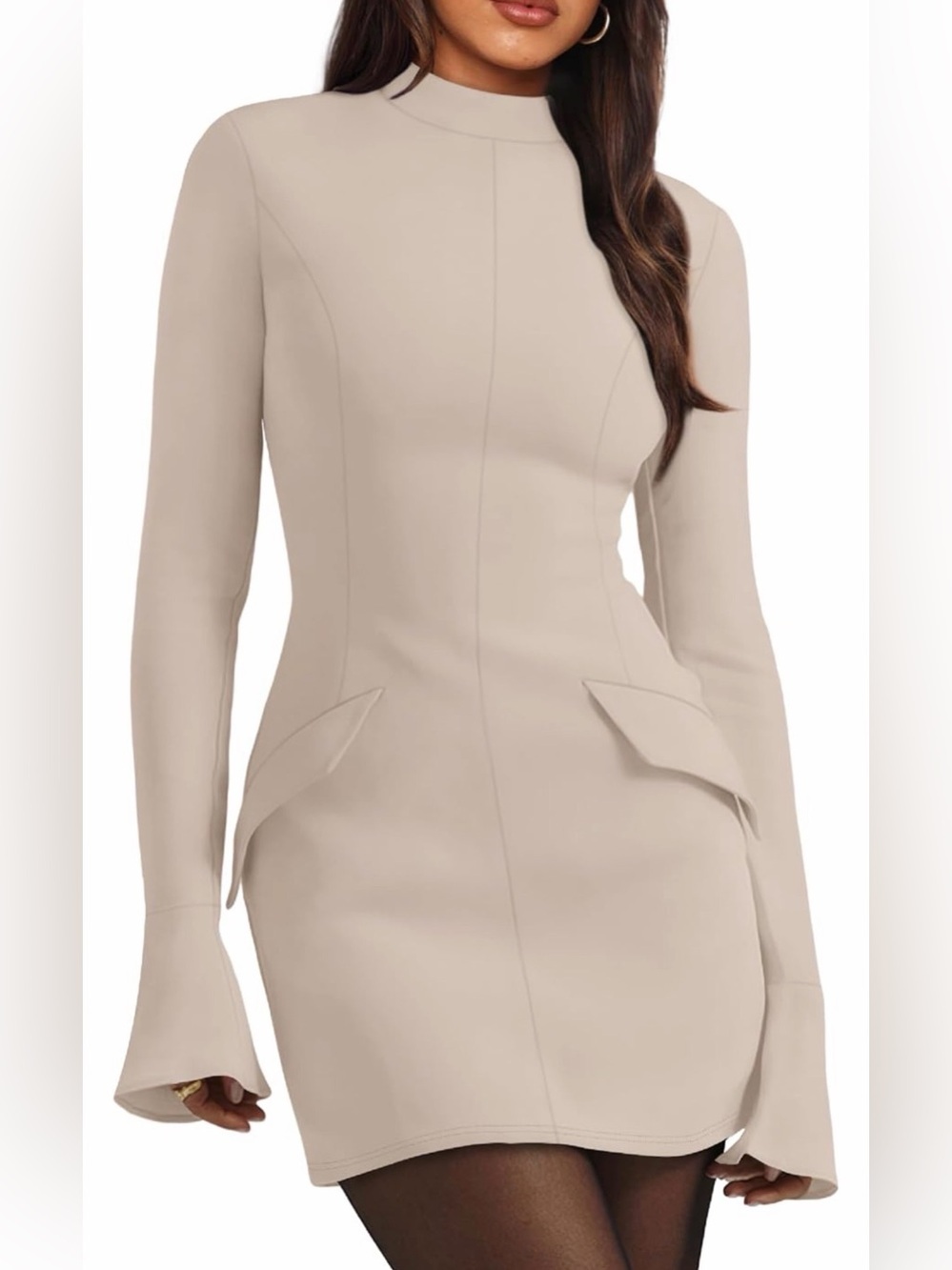 NWOT Women’s Long-Sleeve Beige Sheath Dress with Peplum Flap Accents, Medium
